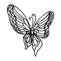 Cute insect butterfly. Doodle style, black and white background. Funny animal, coloring book pages. Hand drawn illustration in zentangle style for children and adults, tattoo.