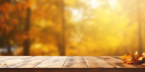 wooden table in the background with autumn maple leaves with generative ai