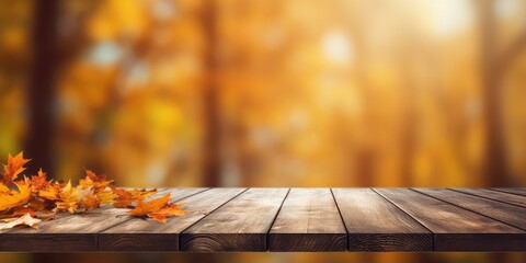 wooden table in the background with autumn maple leaves with generative ai