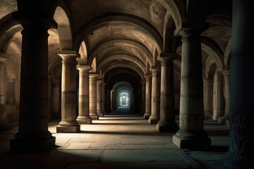 Tunnel With Arches And Columns Reminiscent Of Cathedral. Generative AI