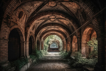 Fototapeta na wymiar Tunnel With Intricate Brickwork And Arched Ceiling. Generative AI