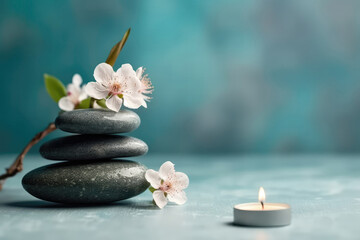Fototapeta na wymiar Zen Stones Stacked On Top Of Each Other With Small Flowers Next To Crisscross Candle Standing On Light Blue Background Copy Space. Generative AI
