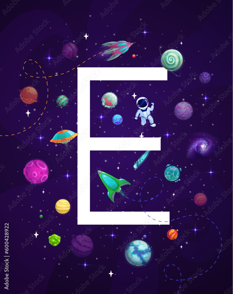 Aufkleber cartoon space letter e, vector kids alphabet. astronaut in outer space of alien galaxy with fantasy 