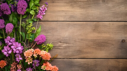 Fototapeta na wymiar Garden flowers and plants on isolated wooden board background with copyspace. Generative AI