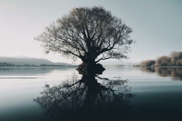 A tree standing on a still lake surface. Generative AI