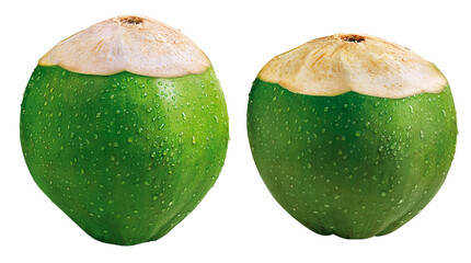 dois cocos verdes suados e  cortados em fundo transparente - água de coco natural