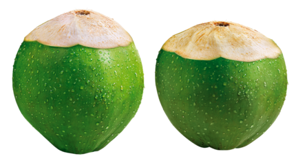 dois cocos verdes suados e  cortados em fundo transparente - água de coco natural