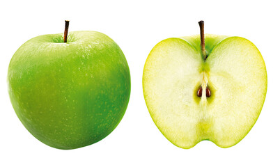Maçã verde inteira e maçã verde cortada em fundo transparente - maçãs verdes