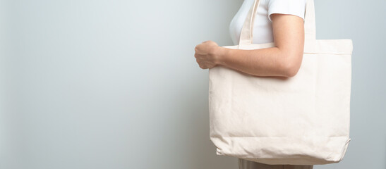 Woman with Eco Shopping tote bag with Copy space for text. Environmental Protection, Zero waste, Reusable, Say No Plastic, Sustainability, Eco Friendly, World Environment day and Earth day concept