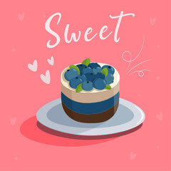 Delicious cake with blueberries on a plate on a pink background