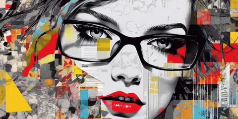 Fashionable woman. Modern pop art collage, colored paper portrait. Beautiful illustration picture. Generative AI