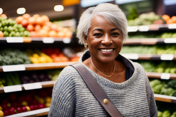 Obraz premium Portrait of happy smiling confident mature woman buyer enjoys shopping time at vegetables counter in a grocery supermarket. Generative AI