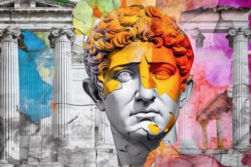 Greek style statue of a man. Modern pop art collage, colored paper portrait. Beautiful illustration picture. Generative AI