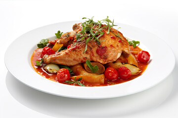 Cacciatore - chicken or rabbit dish with tomatoes, onions, and peppers. Generative AI.