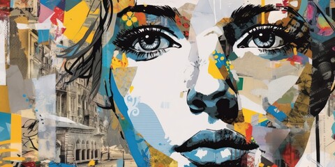 Close up portrait of woman. Modern pop art collage, colored paper. Beautiful illustration picture. Generative AI