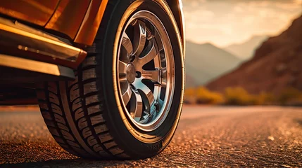 Fotobehang A close-up of a vintage car wheel and a tire on a road. Generative AI  © Mockup Station