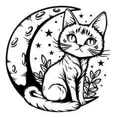 A cat sitting on a crescent moon. Fantasy vector design.