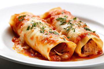 Cannelloni, pasta tubes filled with cheese or meat and baked with tomato sauce. Generative AI.