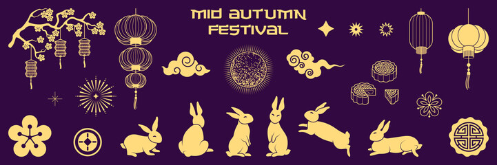 Mid autumn festival gold design elements set with moon, rabbits, flowers, clouds, fireworks, lanterns. Concept for holiday decor, card, poster, banner. Isolated vector objects illustration.