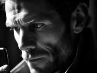 A dramatic close-up of a fashionable man's face as he scrolls through his phone. Generative AI