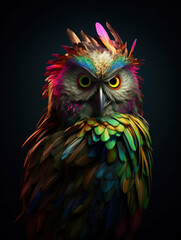 Fototapeta premium Owl psychedelic colour illustration with surreal feather. Generative AI.