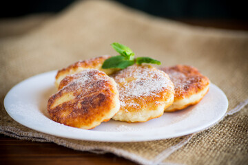 Sweet cooked cheesecakes in powdered sugar in a plate