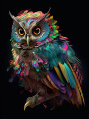Owl psychedelic colour illustration with surreal feather. Generative AI.