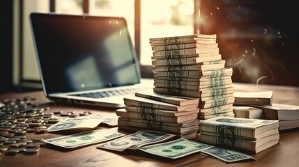 An aerial view of a stack of money with a laptop and financial charts. A business investment concept.Generative AI 