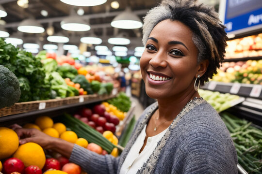 Portrait of happy smiling confident mature woman buyer enjoys shopping time at vegetables counter in a grocery supermarket. Generative AI