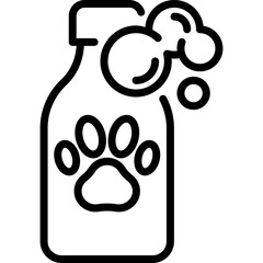Pet shampoo thin line icon: bottle with paw. Modern vector illustration for pet shop.