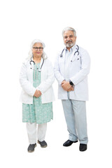Portrait of senior indian male and female doctors wearing stethoscope standing together isolated over white background, healthcare and medical concept.