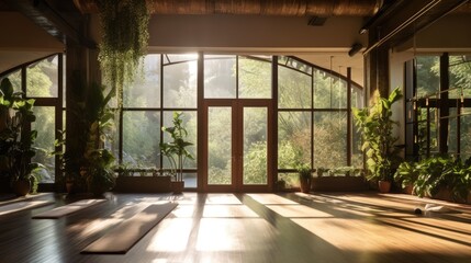 A yoga studio with large windows, plants, and a tranquil atmosphere. Generative AI  