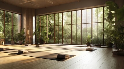Fototapeta premium An aerial view of a modern yoga studio with large windows, plants, and a tranquil atmosphere. Generative AI 