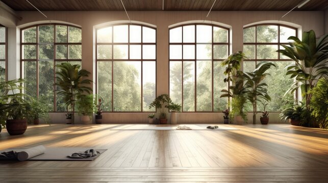 empty zen room or yoga studio with nature view from window and
