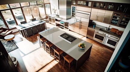 An aerial view of a sleek kitchen interior with modern appliances. Generative AI