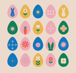 Easter eggs collection. Bright retro geometrical style. Flat minimal collection. Vector