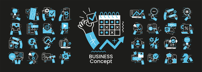 Concept illustration set. Collection of different business concept scenes and situations. Human hands with icons and images. Taking part in business activities, digital marketing, business concept, wo