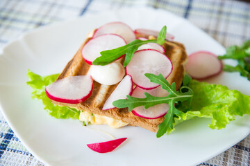 Hot sandwich of fried toast stuffed with cheese, herbs and radishes