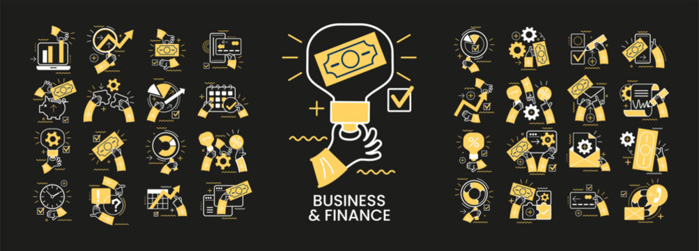 Concept illustration set. Collection of business and finance scenes and situations. Human hands with icons and images. Financial analysis concept, business and marketing, work with data and financial