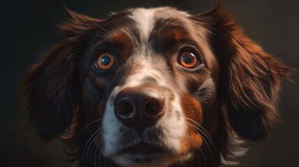 Fototapeta premium A close-up of a dog's face with a serious expression. against an isolated dark background. Generative AI 