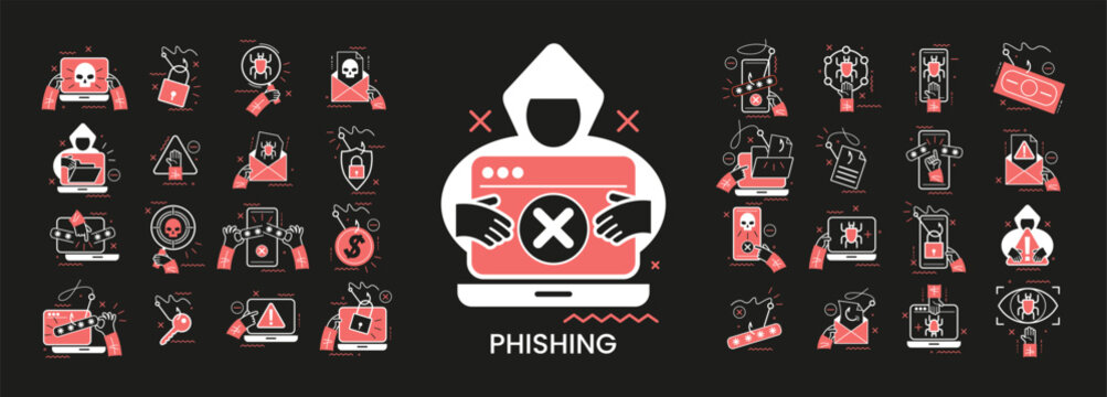 Concept illustration set. Collection of different phishing scenes and situations. Human hands with icons and images. Cyber crimes committed by hackers and hackers stealing personal data, banking