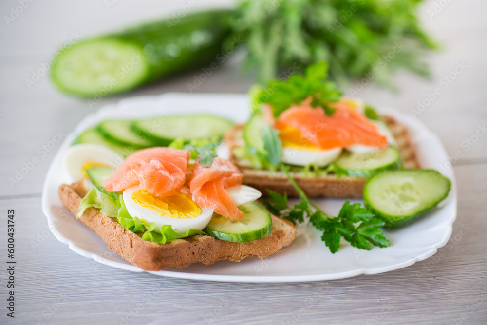 Wall mural fried toast with lettuce, egg, cucumbers and red fish in a plate.