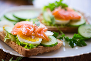 fried toast with lettuce, egg, cucumbers and red fish in a plate.