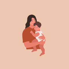 Mom holding little son. Motherhood. Simple doodle. Vector