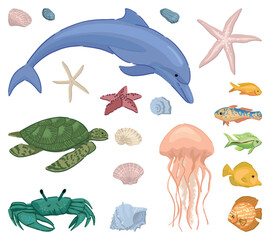 Tropical fauna doodles set. Collection of exotic fish, sea animals. Colored vector illustration in cartoon style. Modern cliparts isolated on white. © Olga Sayuk