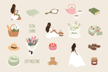 Picnic elements - beautiful girls, flowers, blanket, cake. Slow living concept. Vector