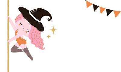 Cute witch on a dancing pole wearing black hat and orange bodysuit. Triangle bunting flags for Halloween party decorations. Hand drawn background with copy space.