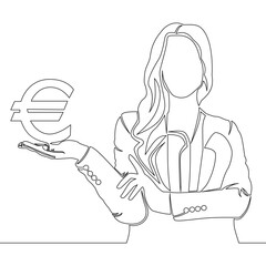 Continuous line drawing Elegant business woman holds euro currency icon vector illustration concept