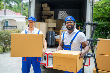 Removal company workers unloading Boxes From Truck Into New Home On Moving Day.