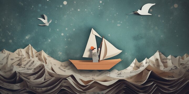 A whimsical scene of a person sailing through the sky on a paper boat, evoking a sense of adventure and imagination, concept of Fantastical journey, created with Generative AI technology